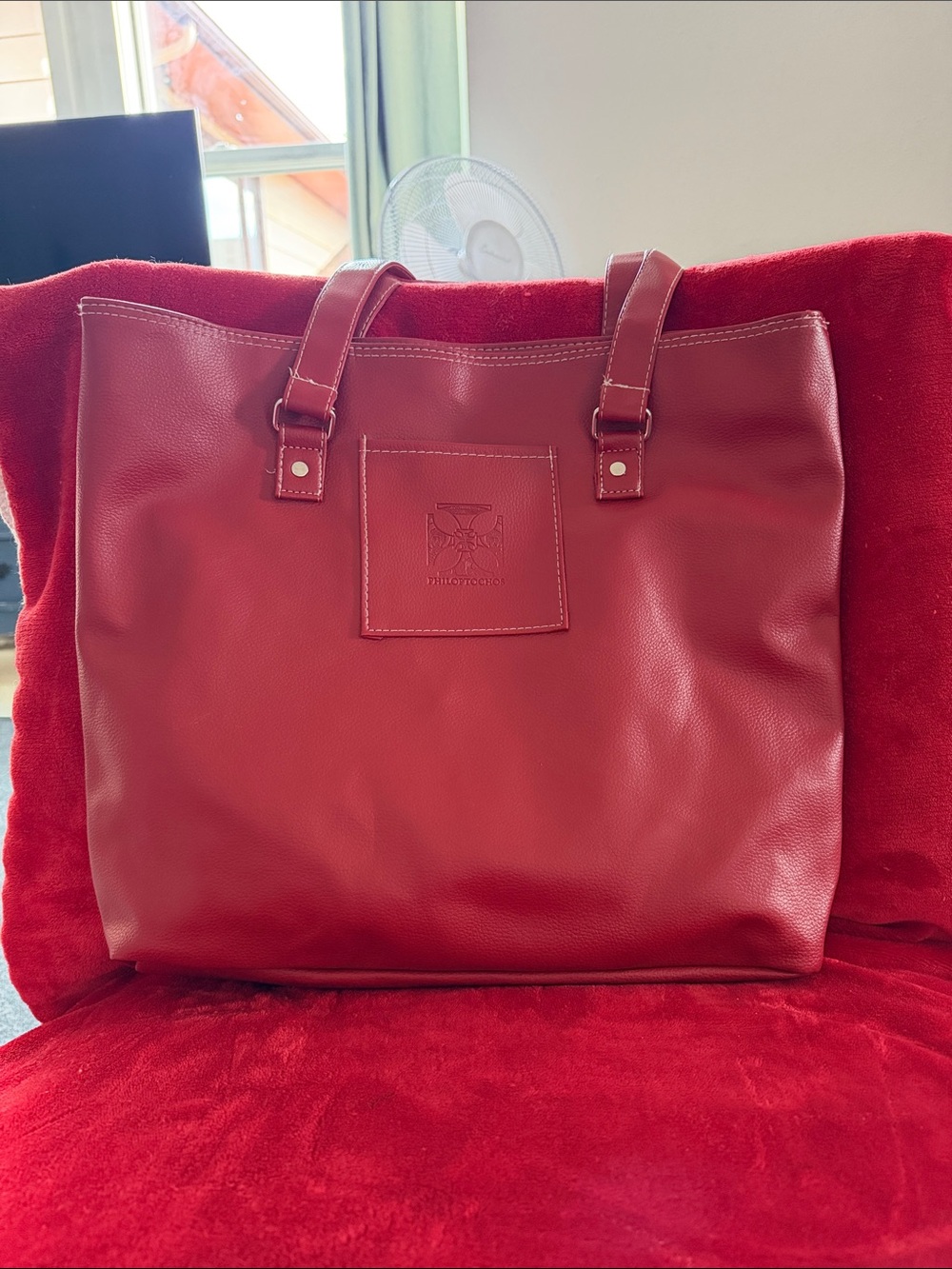 Women's Red Leather Tote Bag with Embossed Logo